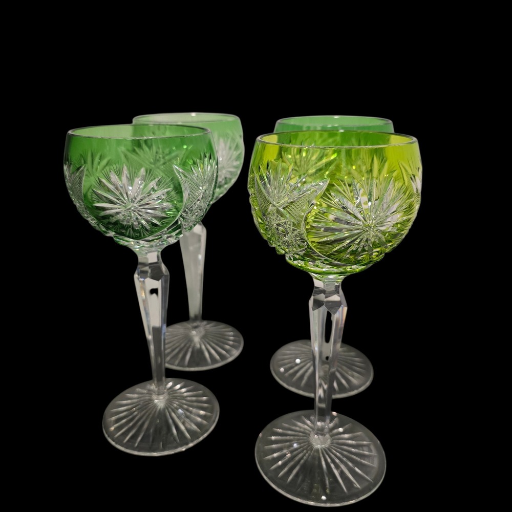 4 Vintage Val St. Lambert Green Crystal Cut Wine Glasses Goblets Belgium
